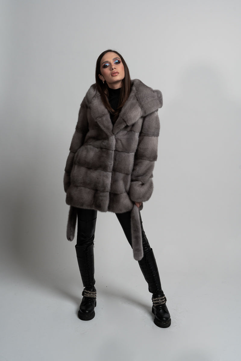 CAPPOTTO IN PELLICCIA DI VISONE GRIGIO CON CAPPUCCIO COBRA MAREUS