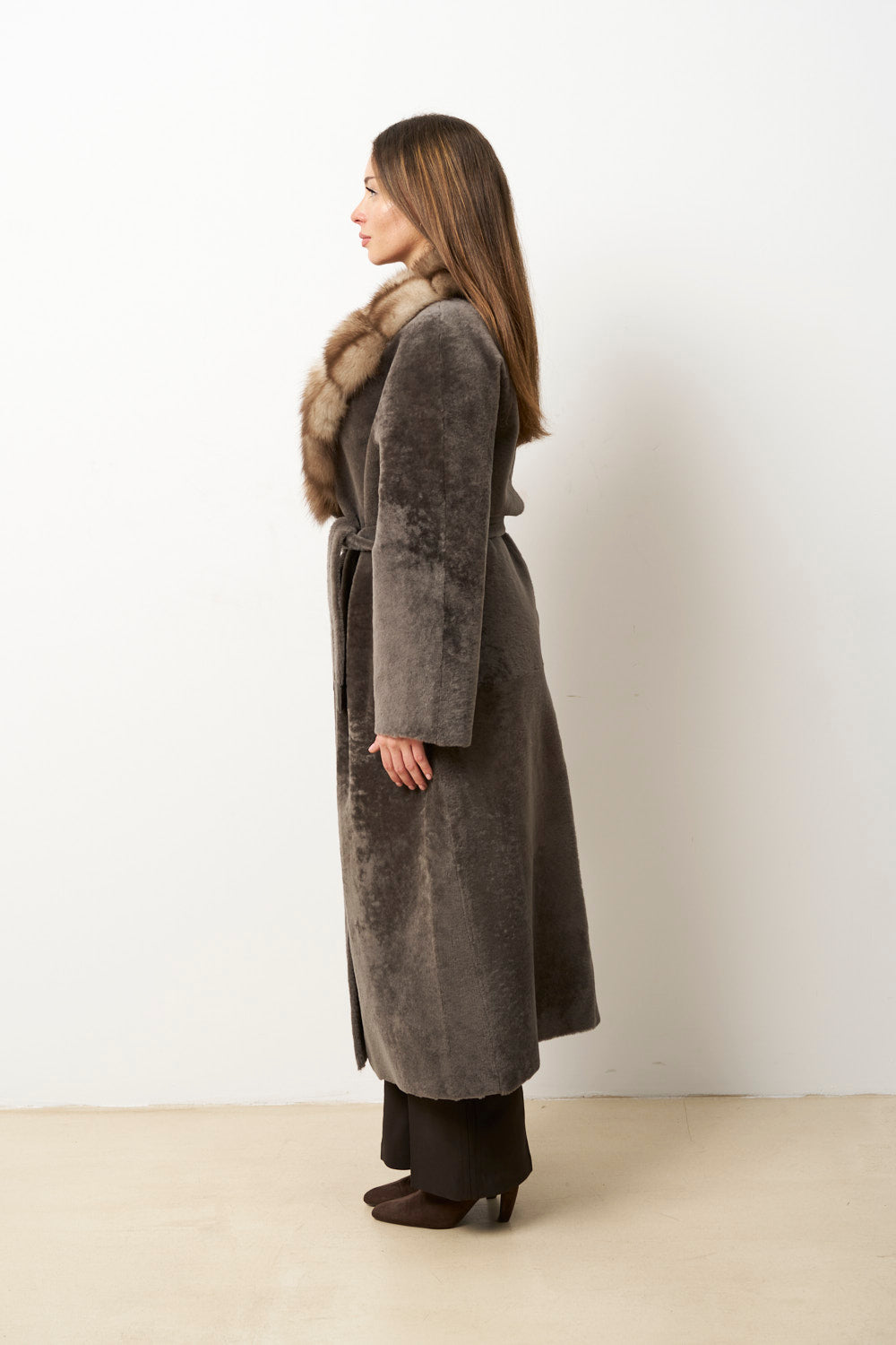 Natural Spanish Merino Wool Fur Coat with Marten Fur Collar, Women, Gray, Mareus
