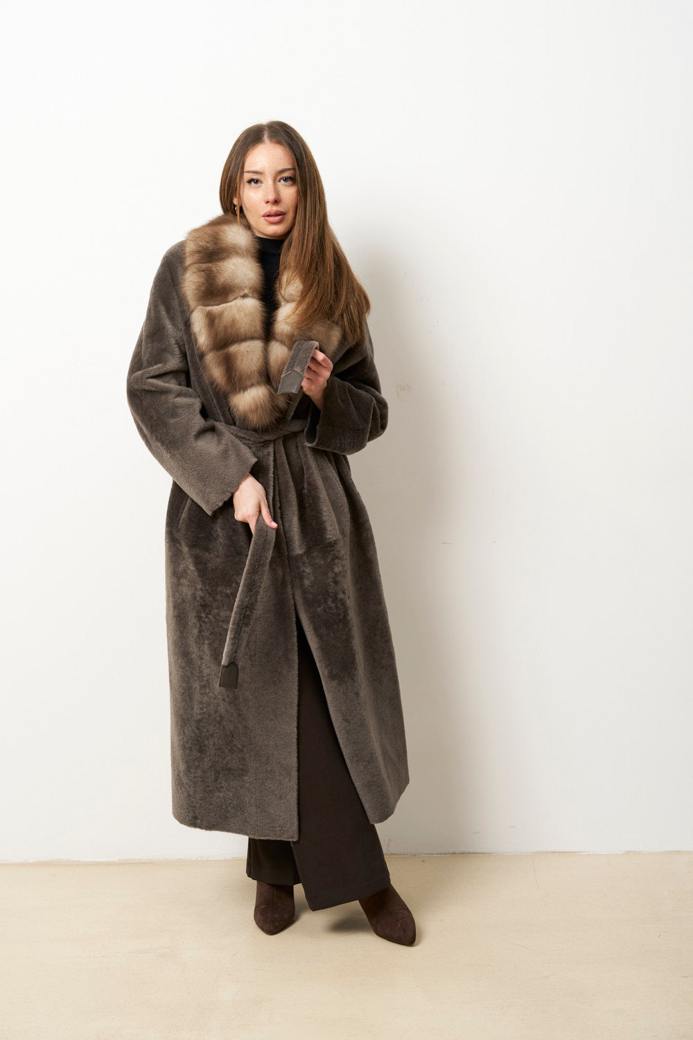 Natural Spanish Merino Wool Fur Coat with Marten Fur Collar, Women, Gray, Mareus