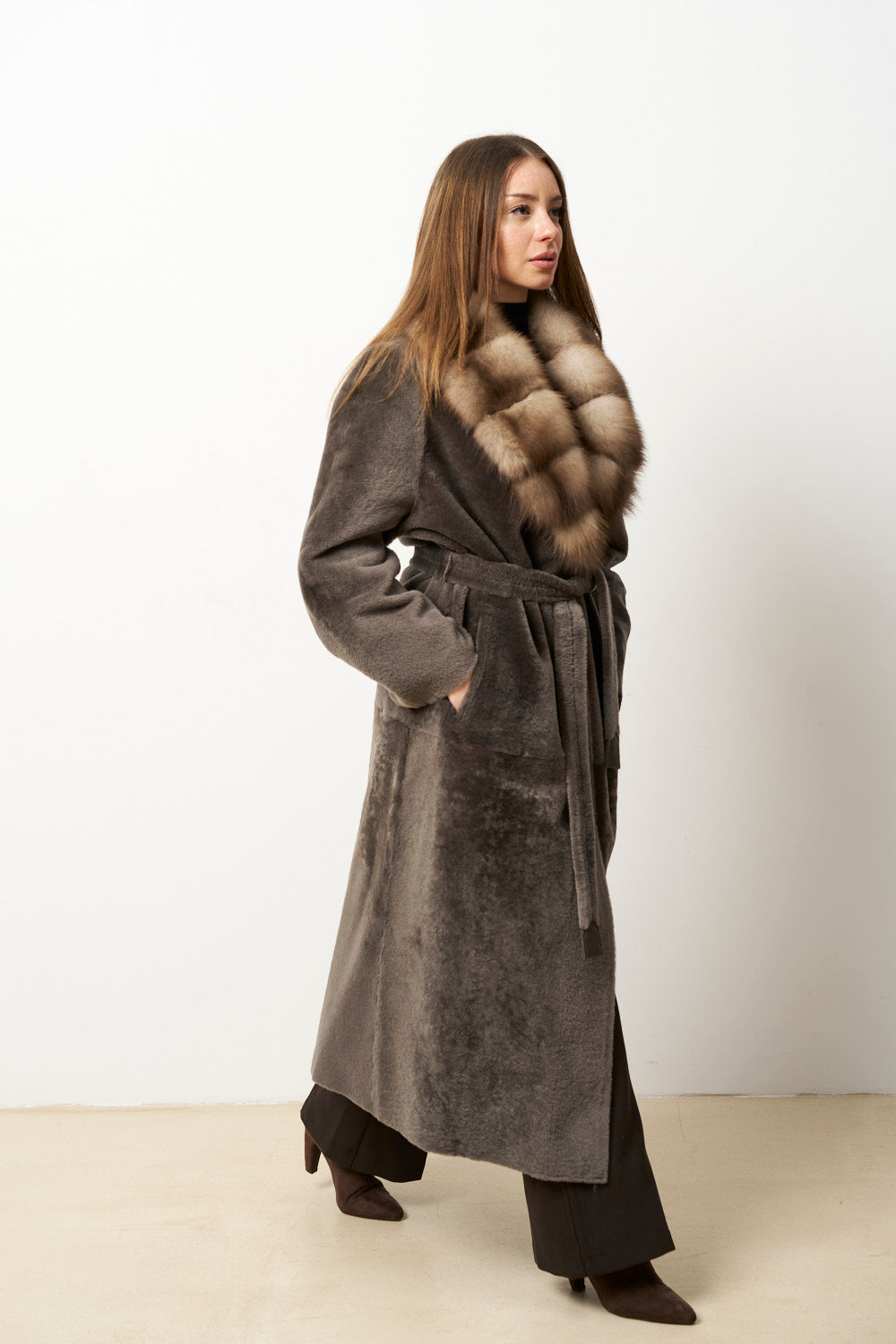 Natural Spanish Merino Wool Fur Coat with Marten Fur Collar, Women, Gray, Mareus