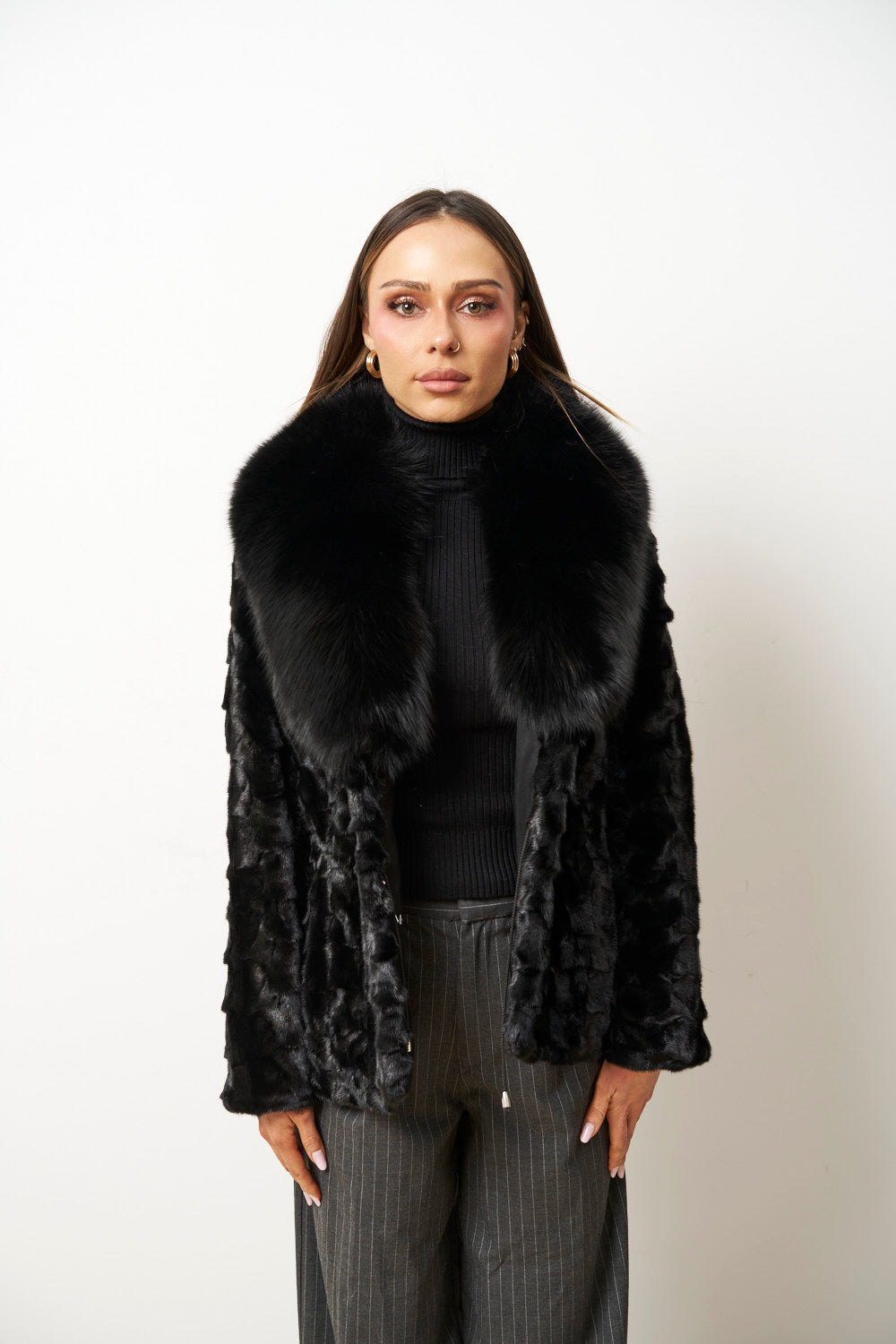Natural Mink Fur Coat with Fox Collar, Black, Mareus