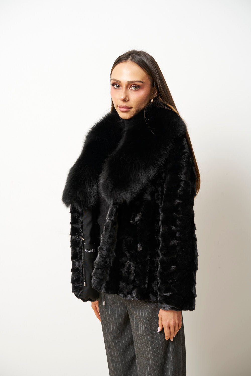 Natural Mink Fur Coat with Fox Collar, Black, Mareus