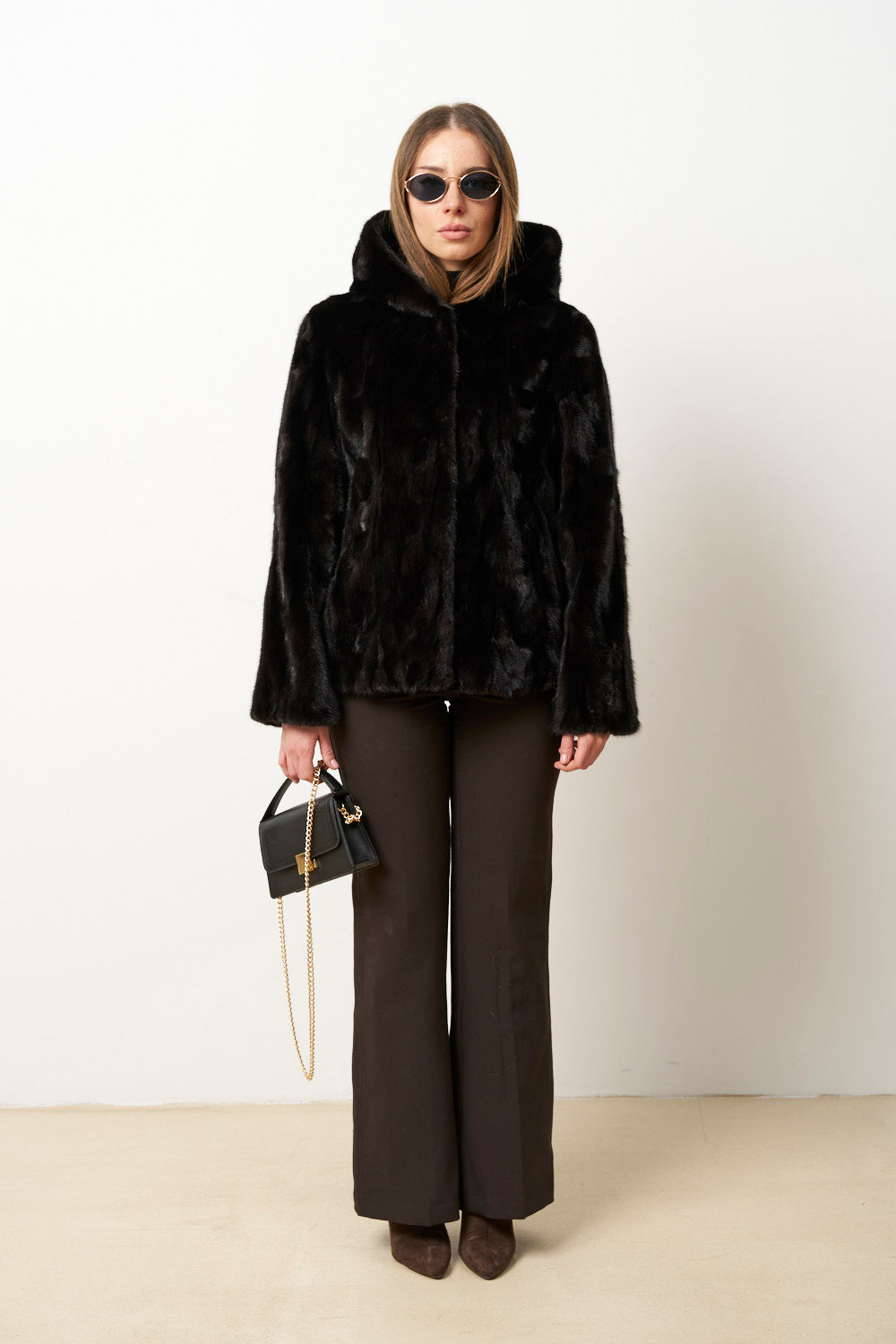 Cappotto in Pelliccia di Visone Naturale con Cappuccio da Donna, Cambrata, Nero, Mareus