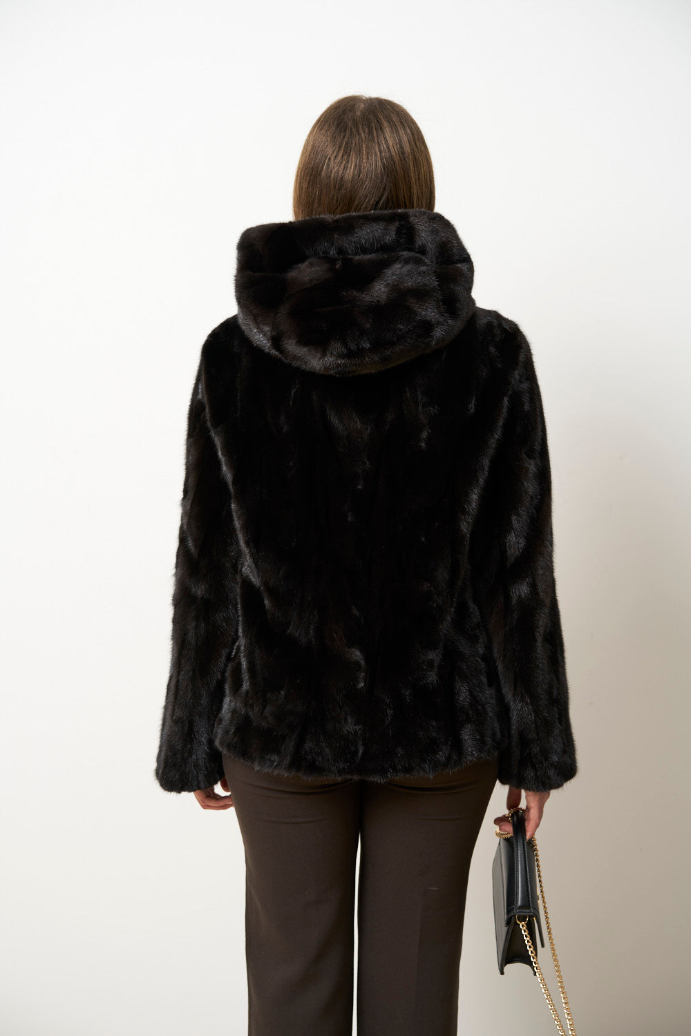 Cappotto in Pelliccia di Visone Naturale con Cappuccio da Donna, Cambrata, Nero, Mareus