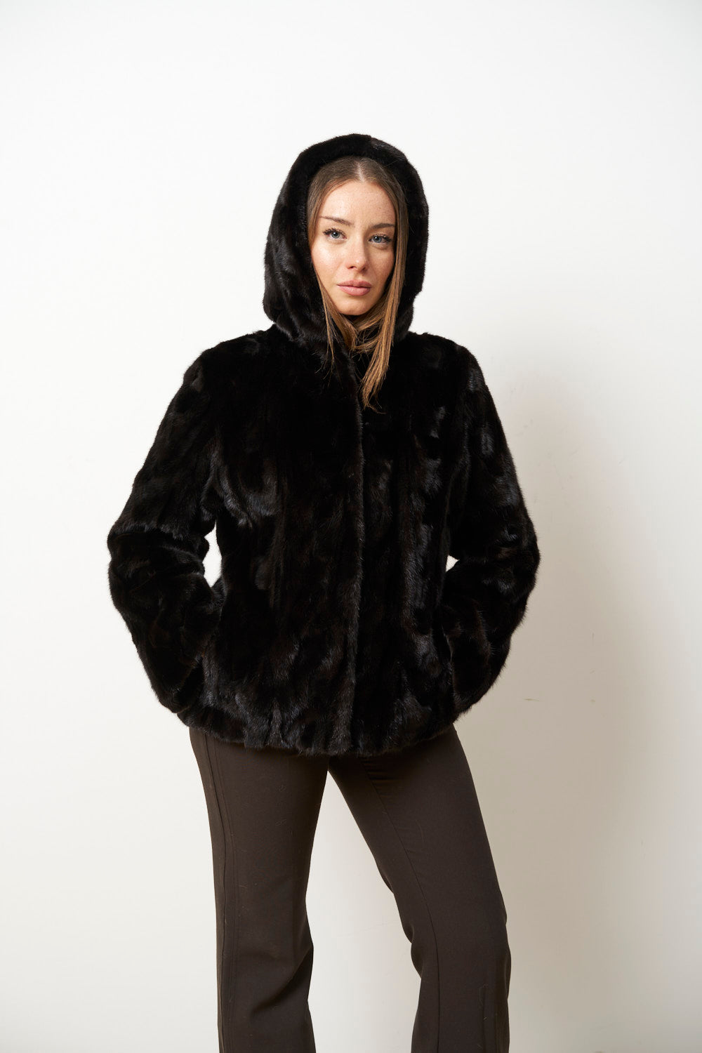 Cappotto in Pelliccia di Visone Naturale con Cappuccio da Donna, Cambrata, Nero, Mareus