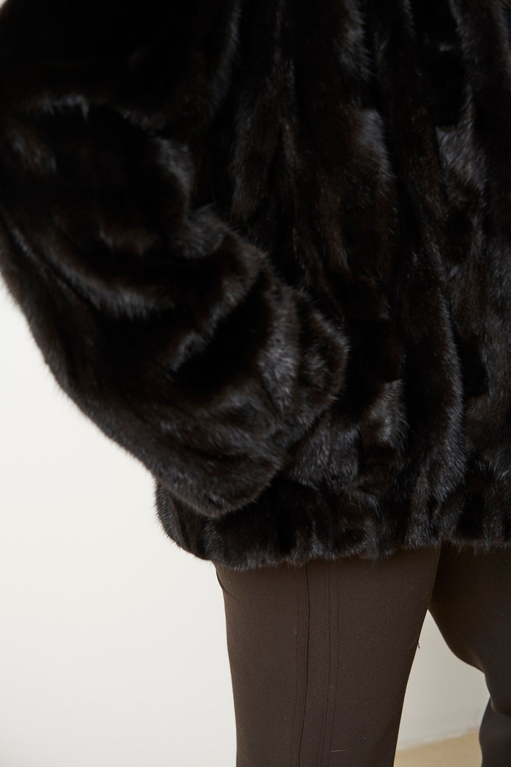 Cappotto in Pelliccia di Visone Naturale con Cappuccio da Donna, Cambrata, Nero, Mareus