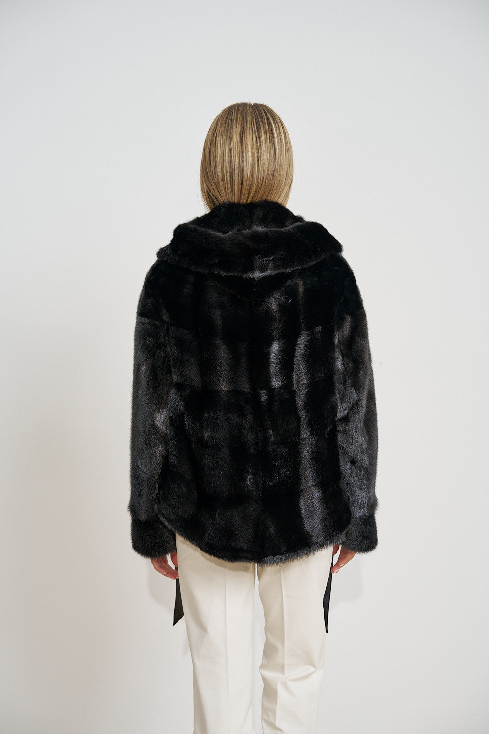 Natural Mink Fur Coat, with Hood, Leather Belt, Obsidian 695
