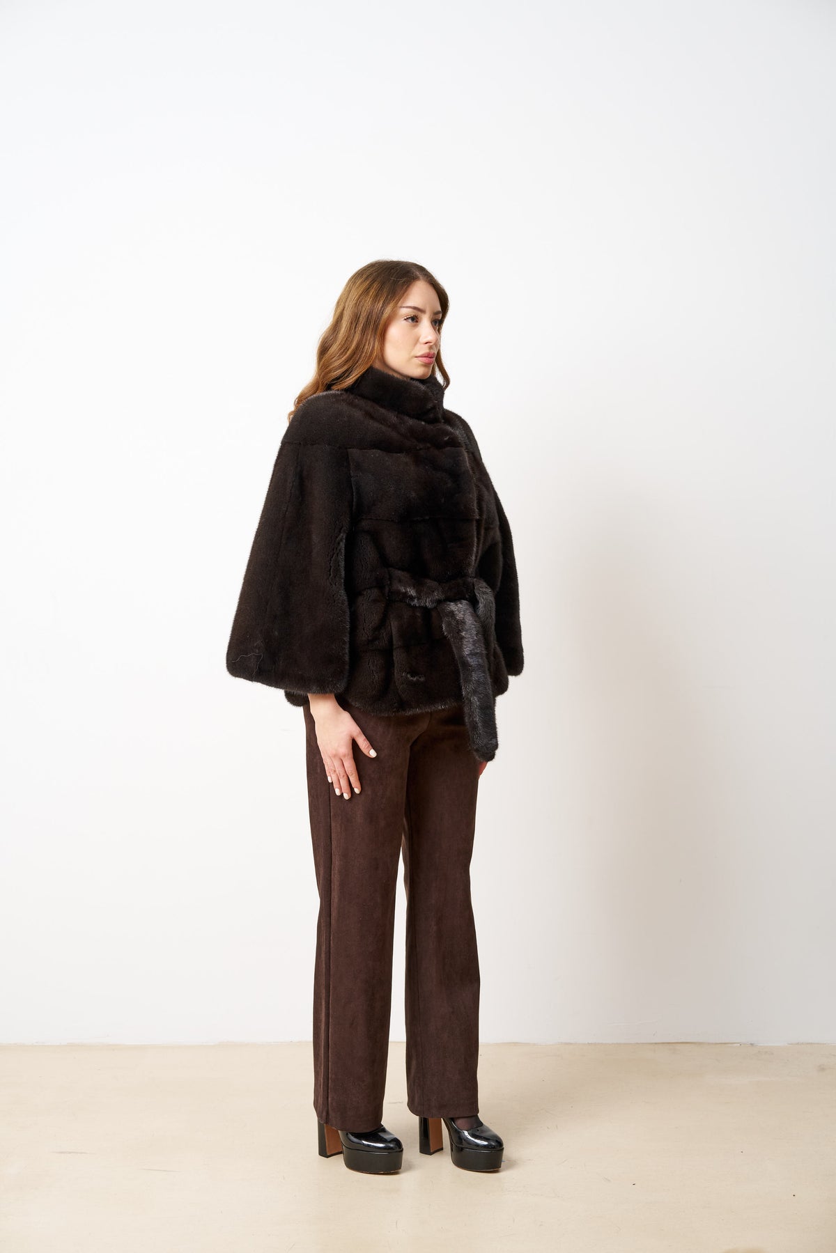 Haină din Blană Naturală de Vizon, cu Cordon, Femei, Olive Brown 514