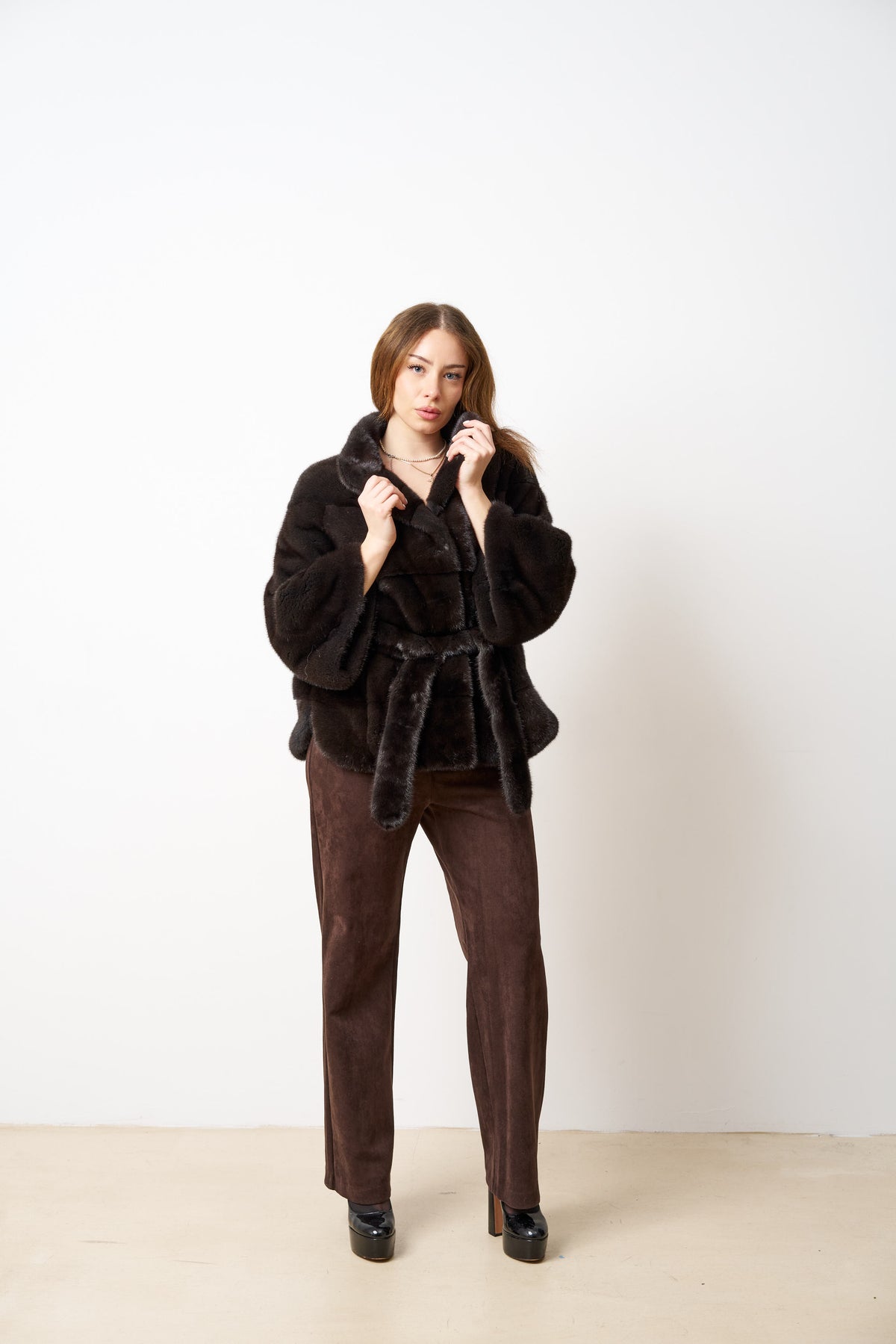 Haină din Blană Naturală de Vizon, cu Cordon, Femei, Olive Brown 514