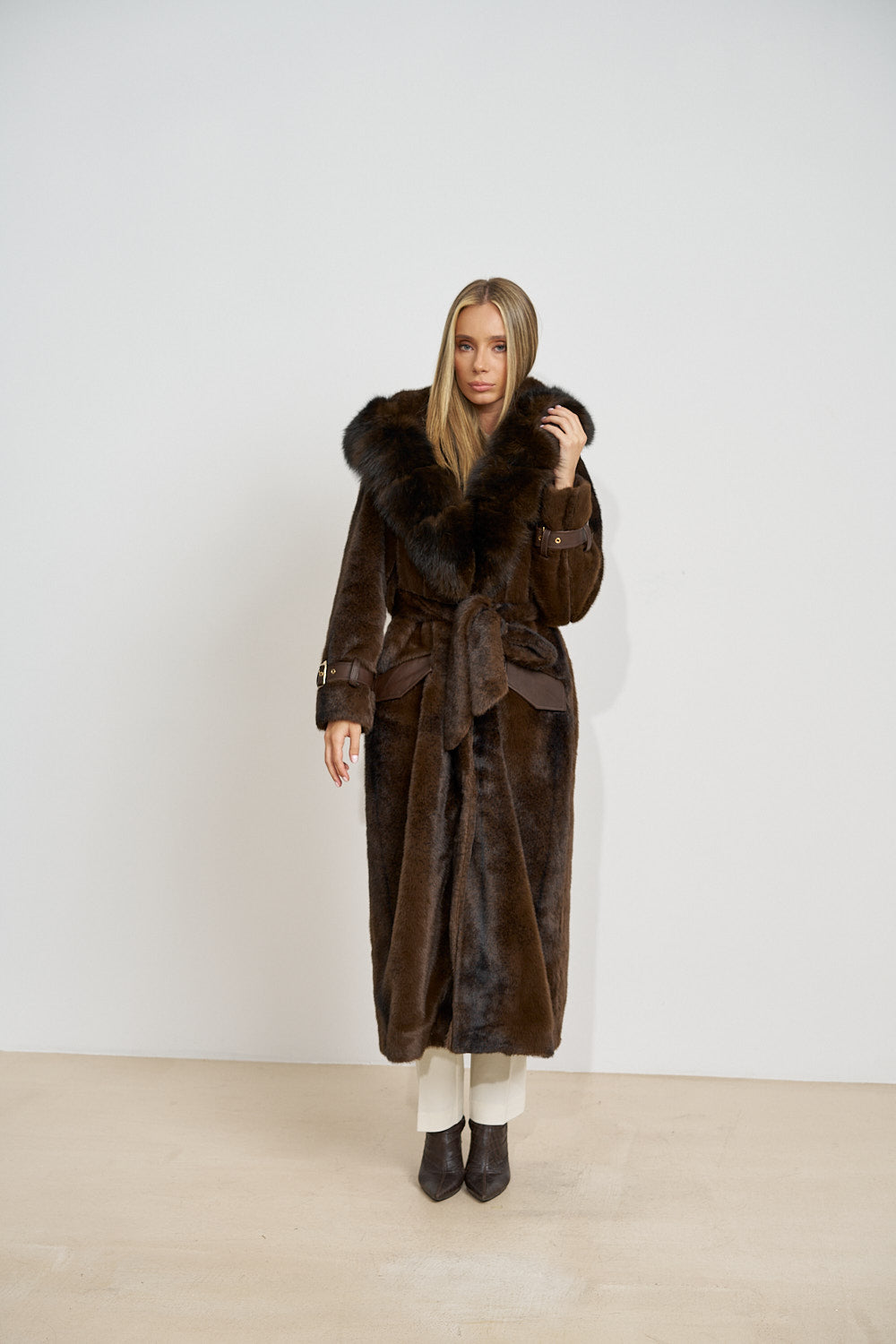 Long Alcantara Coat with Natural Fox Fur Collar, with Hood, Chocolate 701
