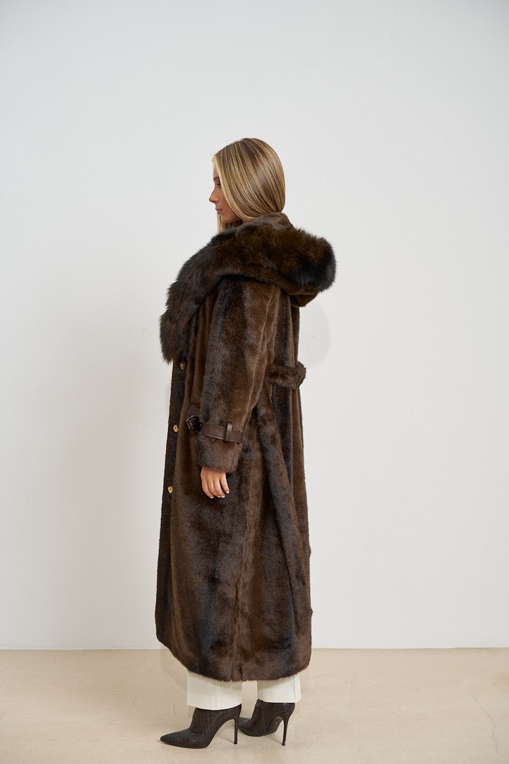 Long Alcantara Coat with Natural Fox Fur Collar, with Hood, Chocolate 701