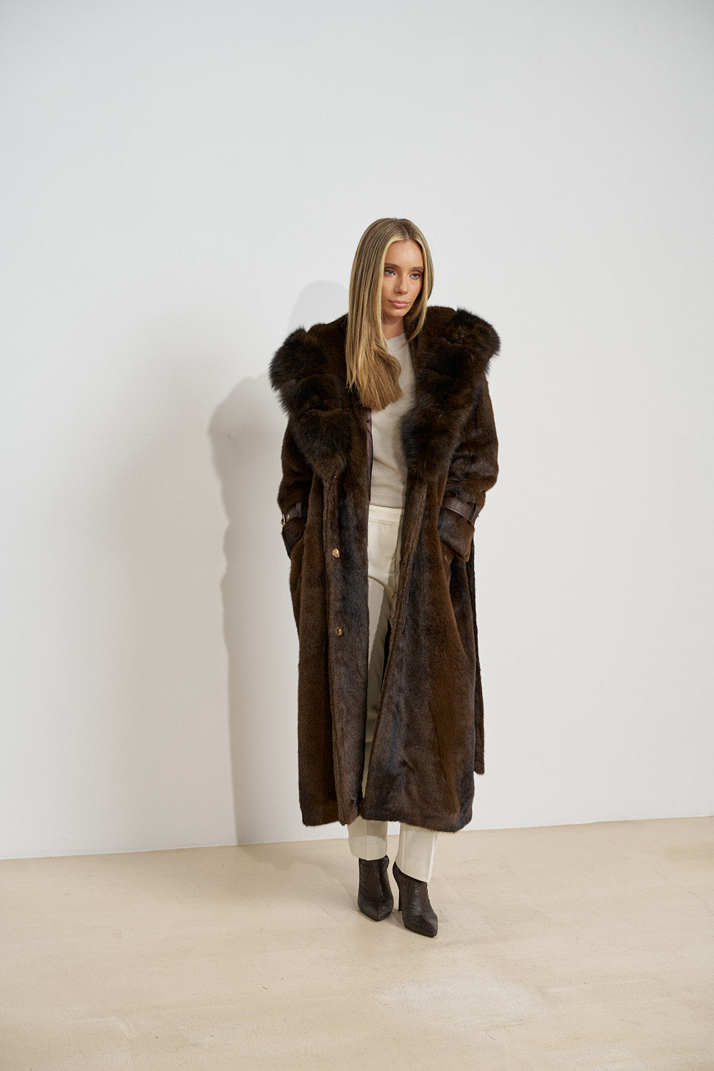 Long Alcantara Coat with Natural Fox Fur Collar, with Hood, Chocolate 701