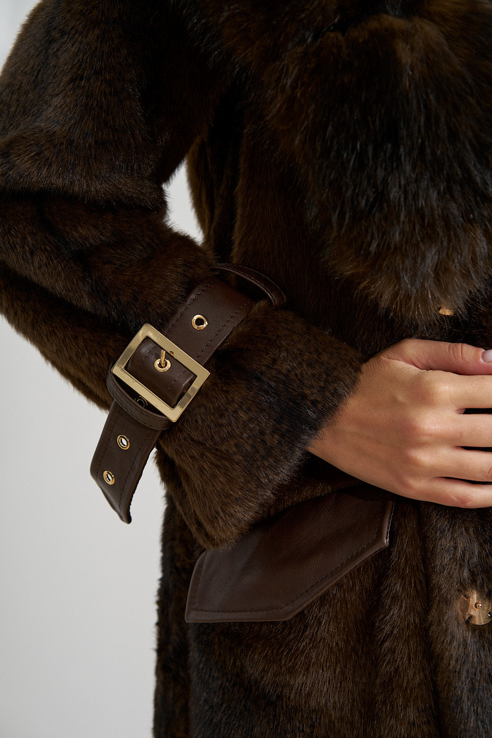 Long Alcantara Coat with Natural Fox Fur Collar, with Hood, Chocolate 701