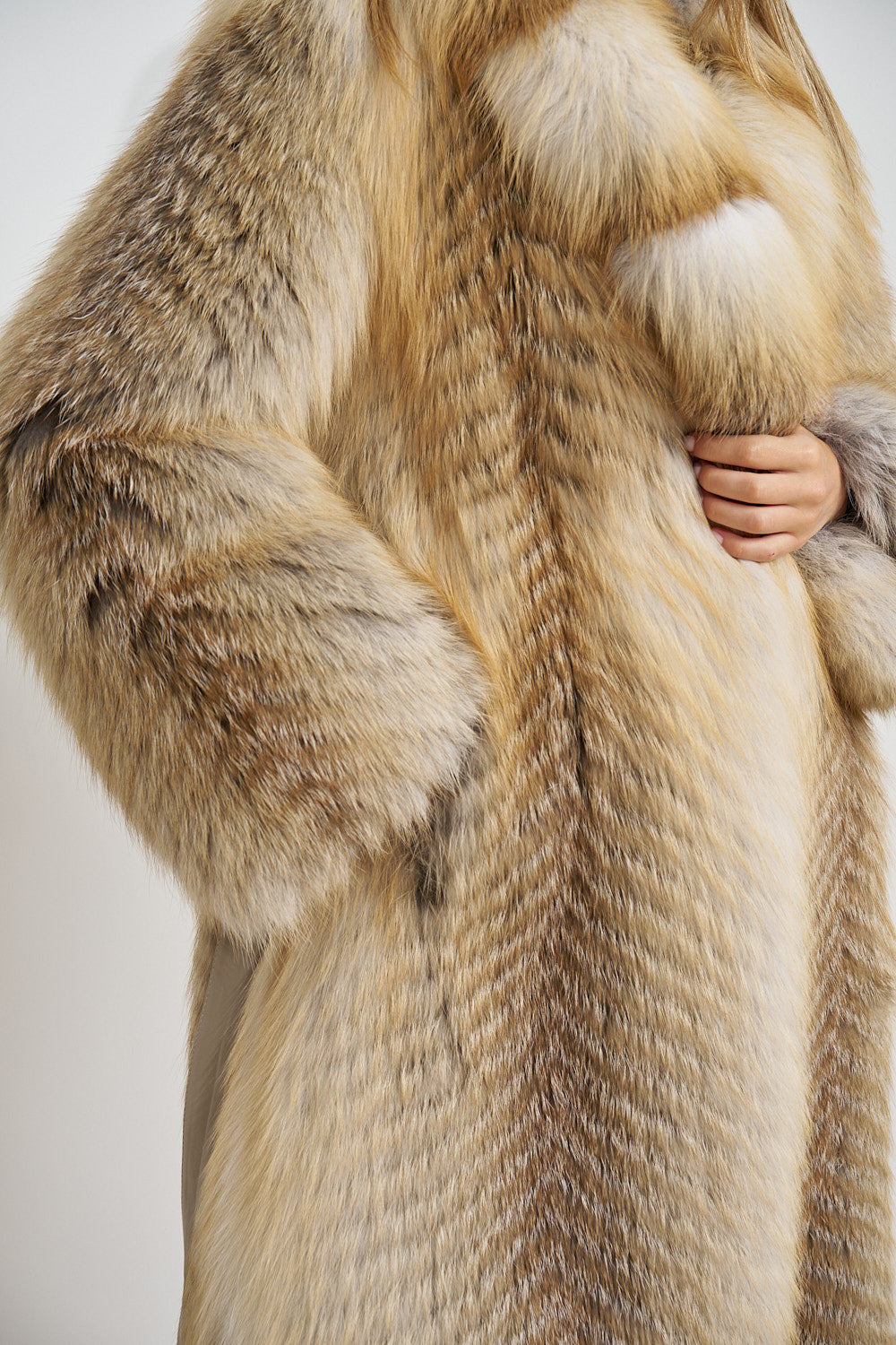 Haină Lungă din Blană Naturală de Vulpe, Guler Rever, cu Cordon, Gold Frost 677