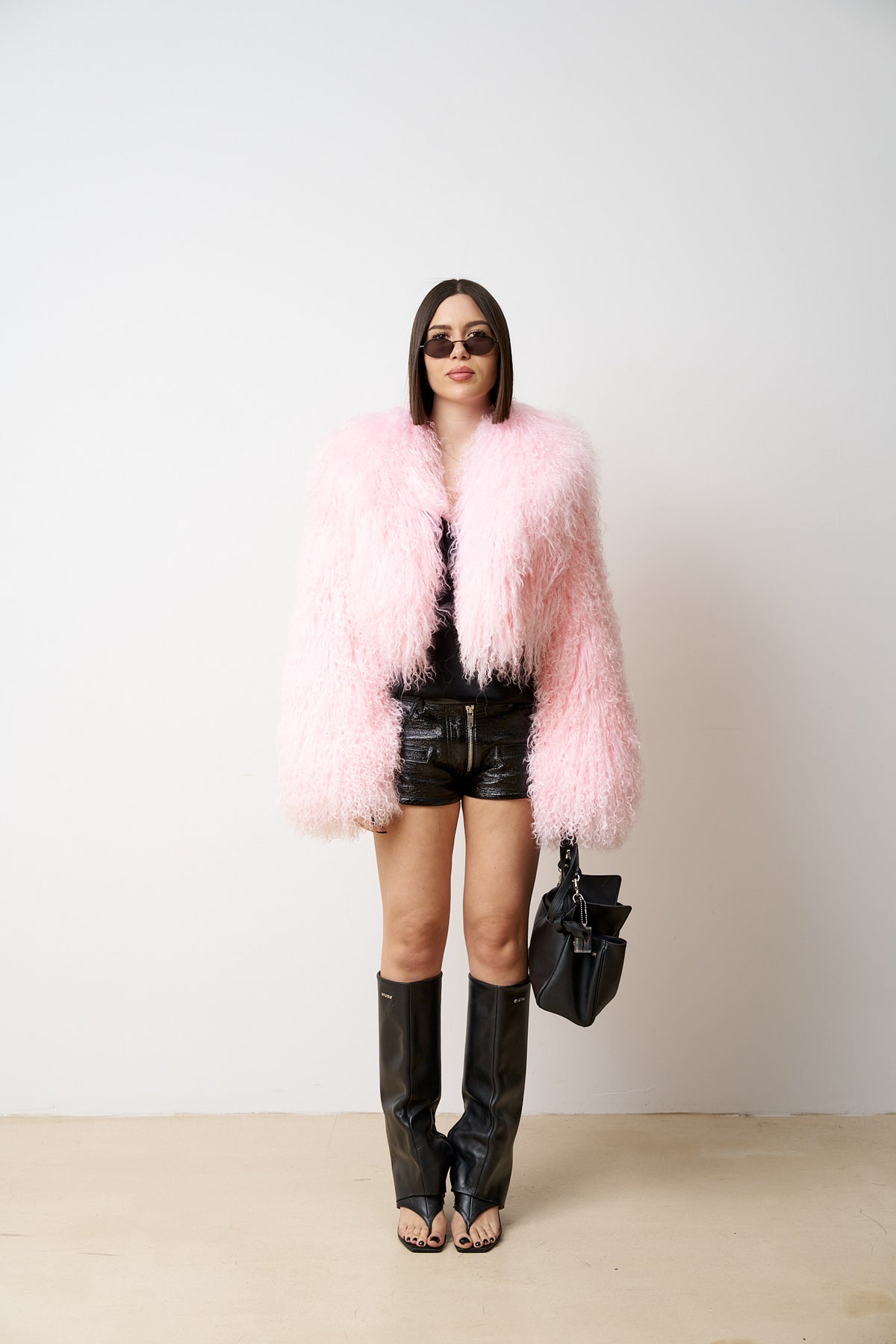 Cappotto di pelle di pecora mongola naturale, corto, colletto con revers, rosa, Mareus