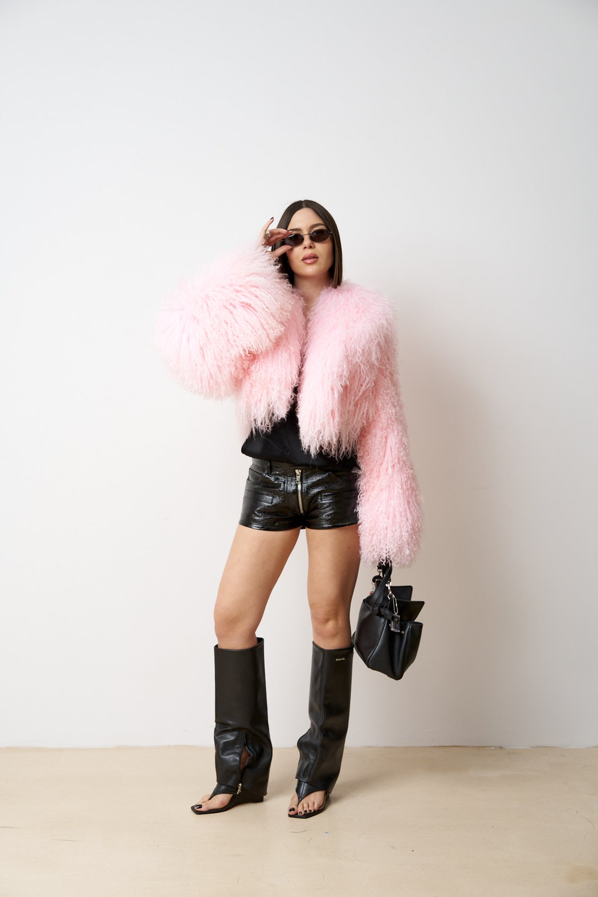 Cappotto di pelle di pecora mongola naturale, corto, colletto con revers, rosa, Mareus