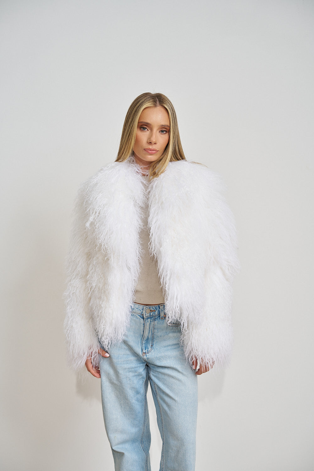 Haina din Blana Naturala de Miel Tibetan, Guler Rever, Oversized, Ivory White 508