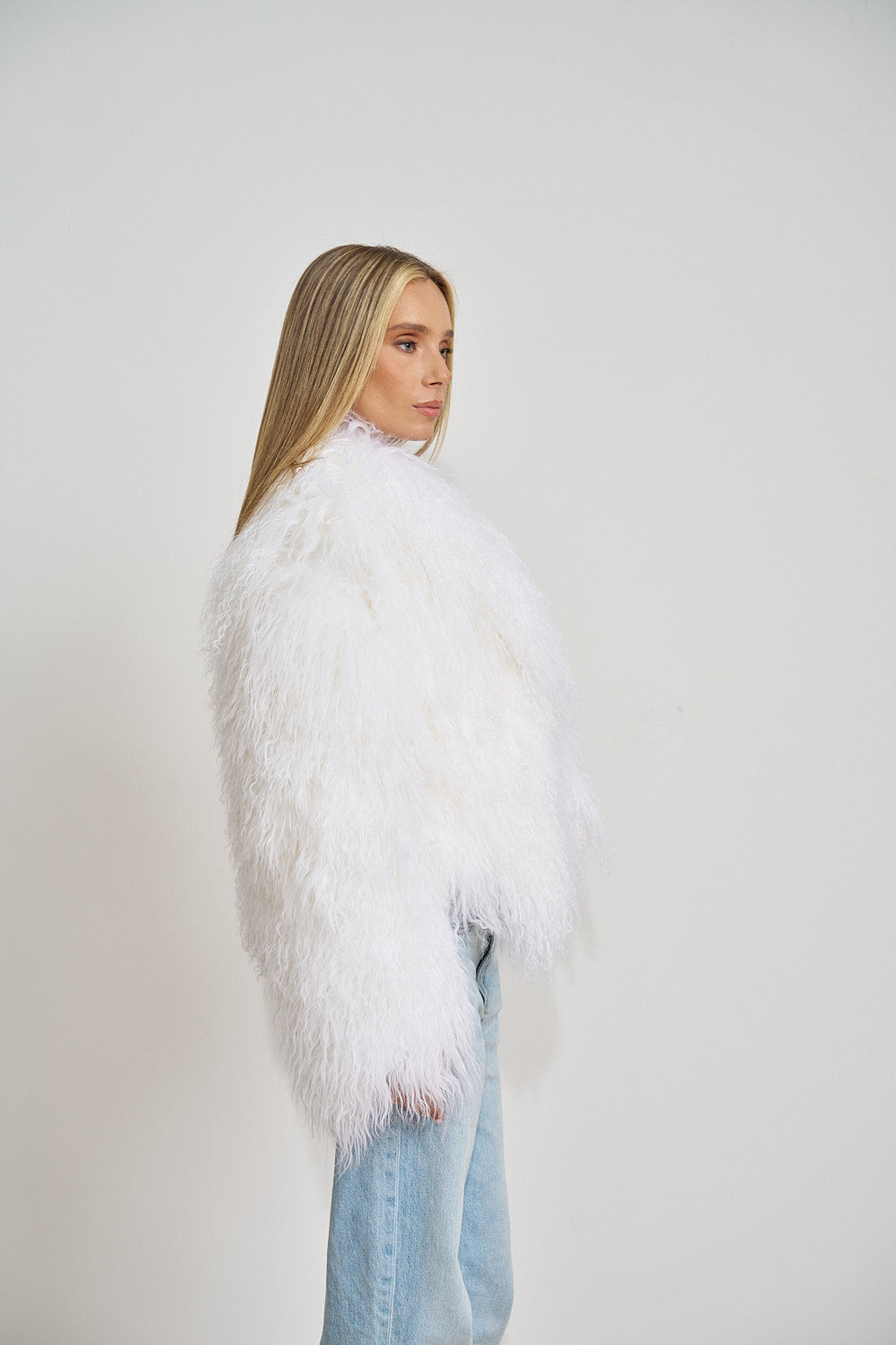 Haina din Blana Naturala de Miel Tibetan, Guler Rever, Oversized, Ivory White 508