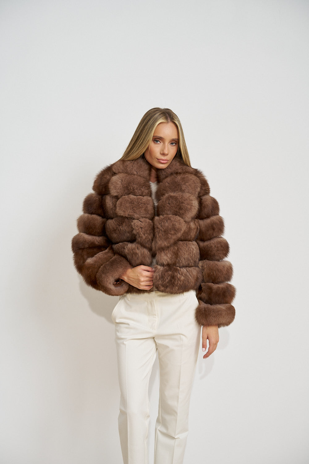 Haină din Blană Naturală de Vulpe Polară, cu Guler Rever, Femei, Mocha Glaze 468