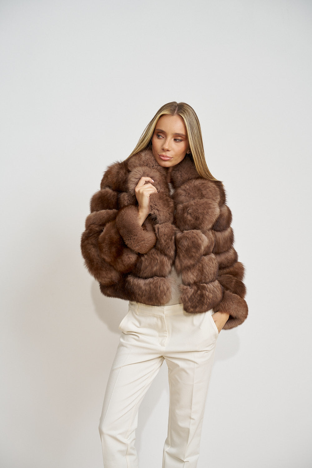 Haină din Blană Naturală de Vulpe Polară, cu Guler Rever, Femei, Mocha Glaze 468