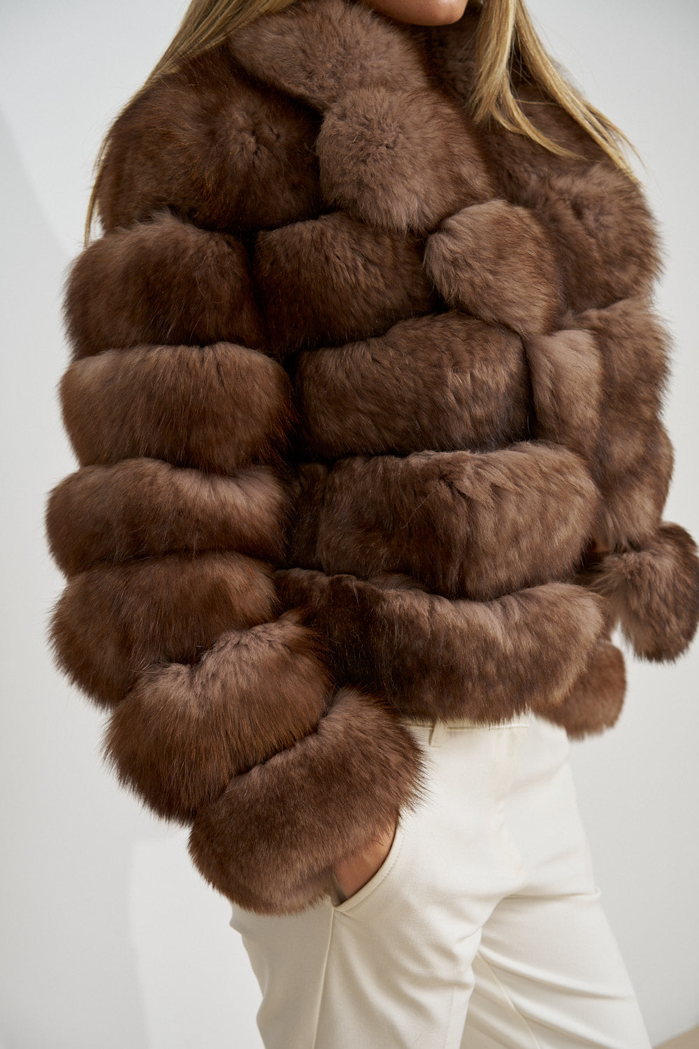 Haină din Blană Naturală de Vulpe Polară, cu Guler Rever, Femei, Mocha Glaze 468