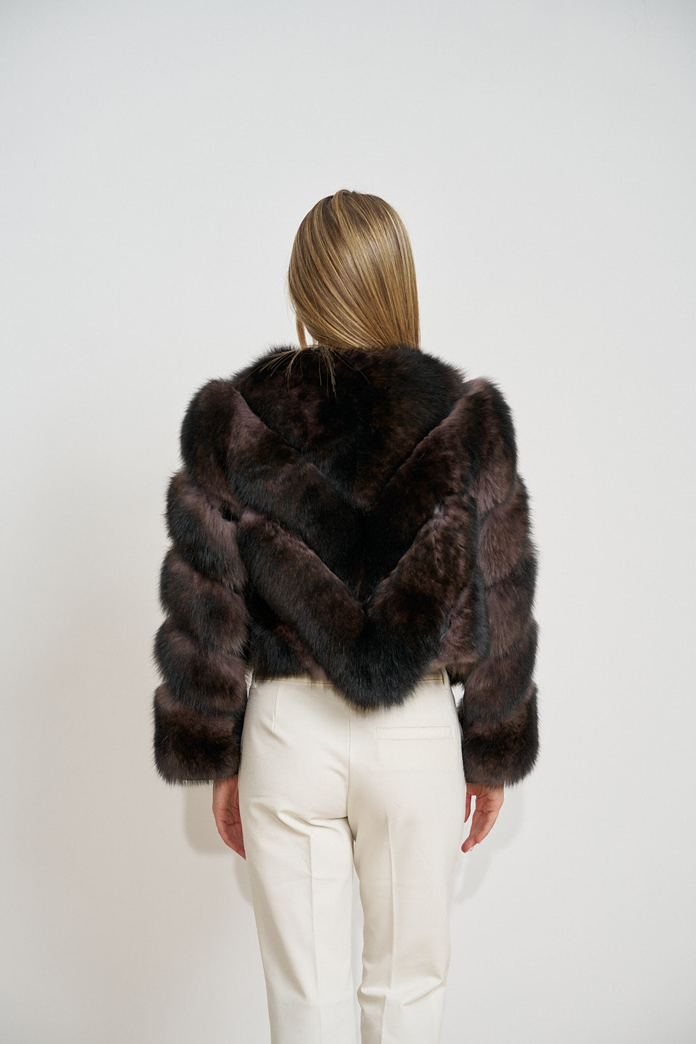 Cappotto in pelliccia naturale di volpe con inserti in pelle, Smoky Taupe 602