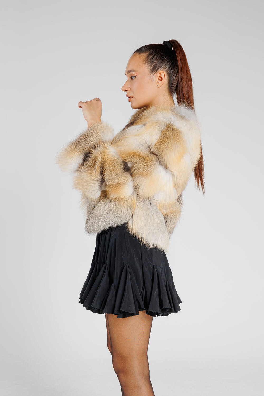 Cappotto in pelliccia naturale di volpe argentata, modello a V, trasformabile, donna, Gold Frost 377