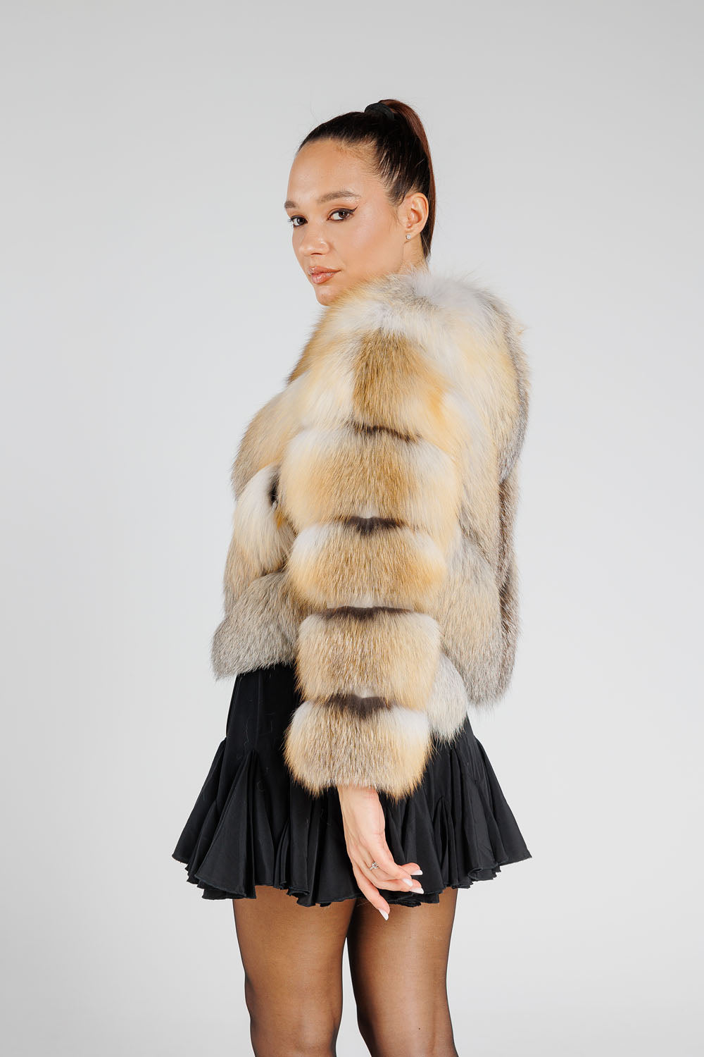 Cappotto in pelliccia naturale di volpe argentata, modello a V, trasformabile, donna, Gold Frost 377