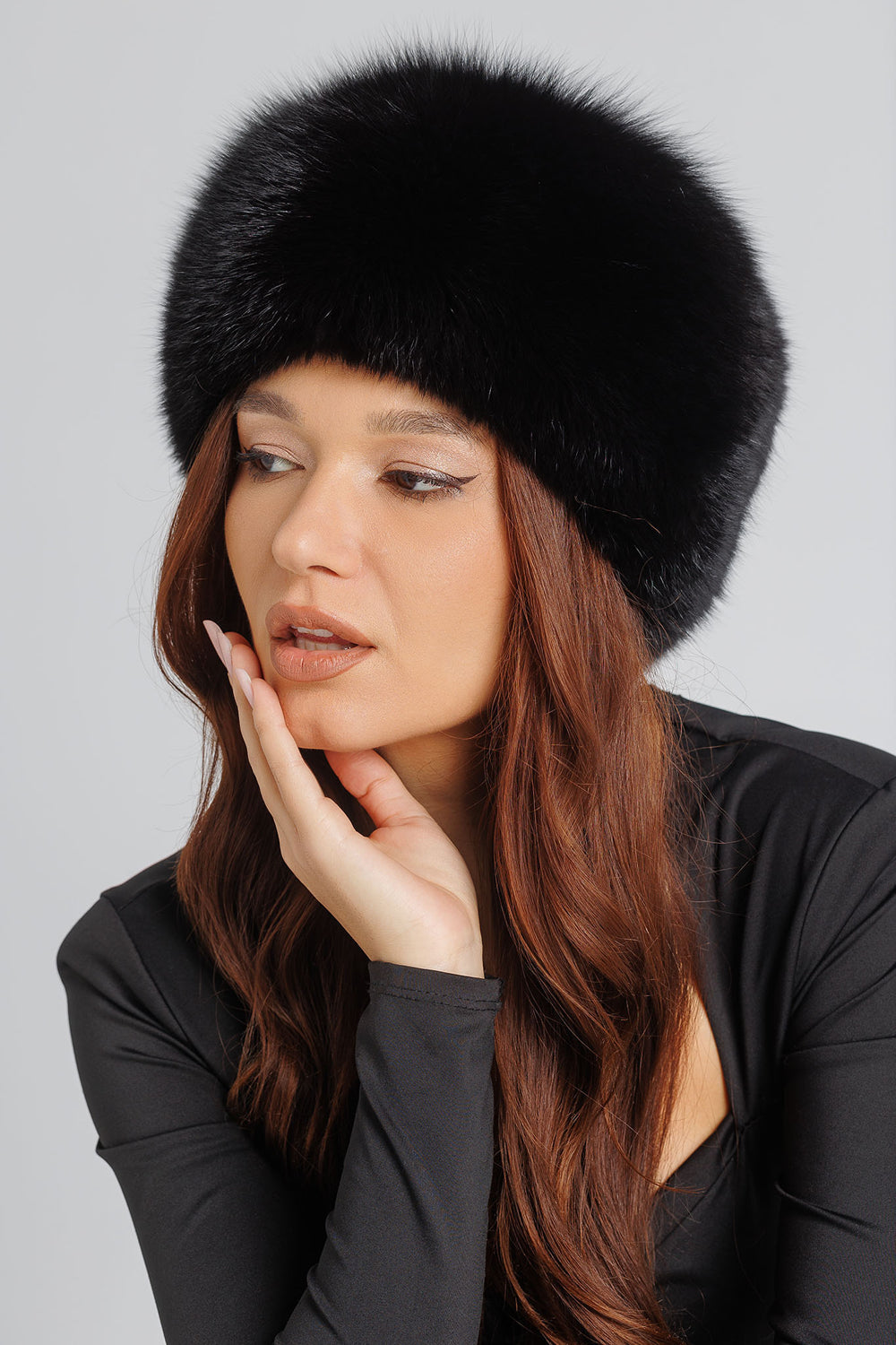 Bonnet en fourrure naturelle de renard, femme, Obsidian 41