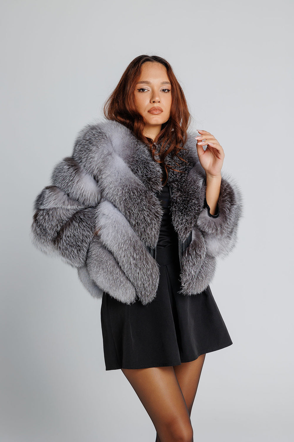 Haină din Blană Naturală de Vulpe Argintie, V Model, Transformabilă, Femei, Grey Frost 349