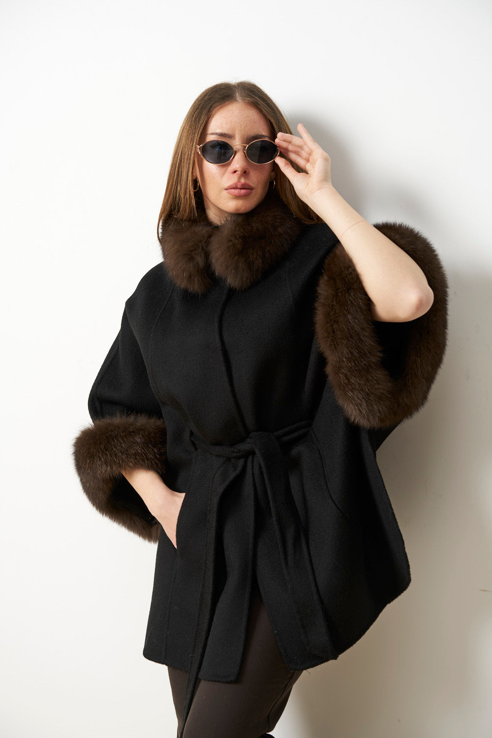 Wool Coat with Fox Fur Collar and Cuffs, Black, Mareus