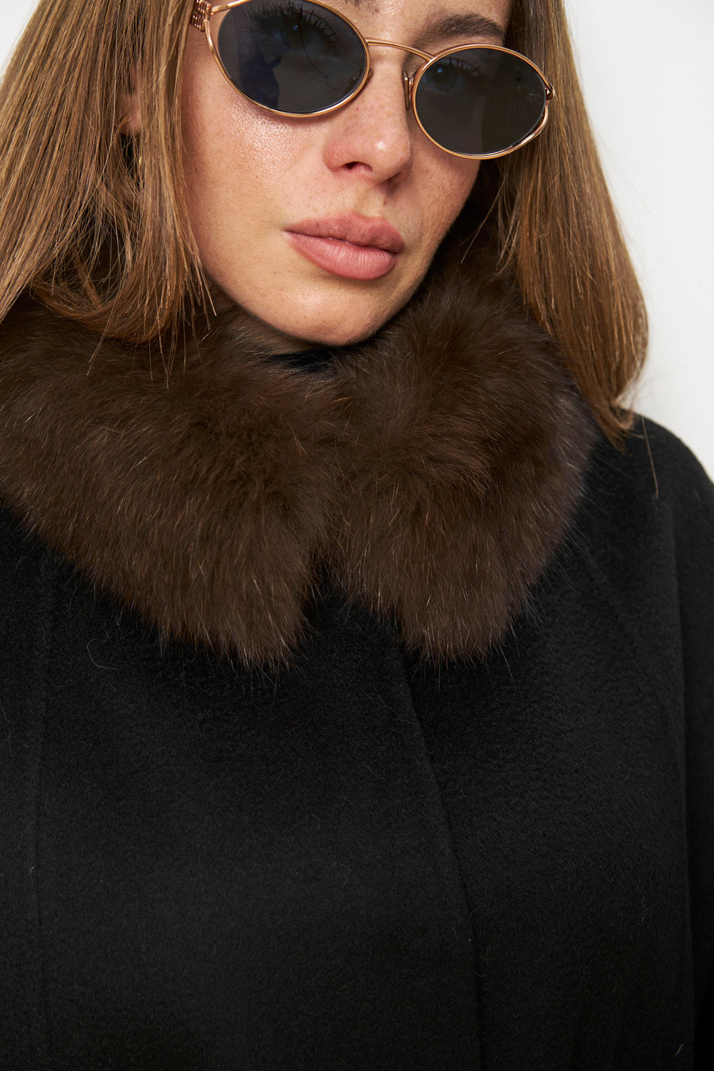 Wool Coat with Fox Fur Collar and Cuffs, Black, Mareus