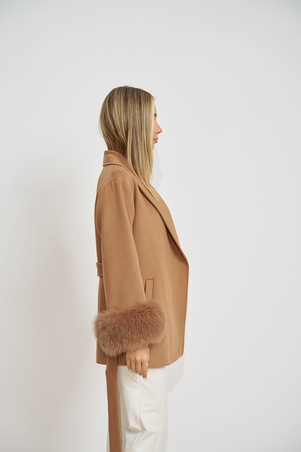 Wool Coat with Natural Fox Fur Cuffs, Camel 671