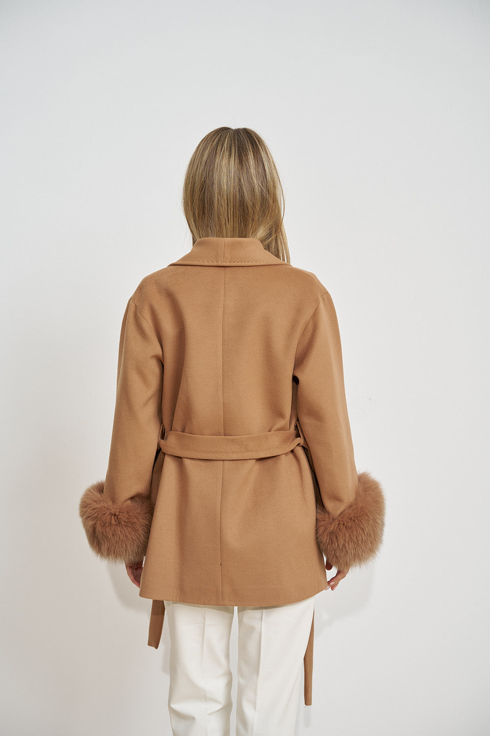 Wool Coat with Natural Fox Fur Cuffs, Camel 671