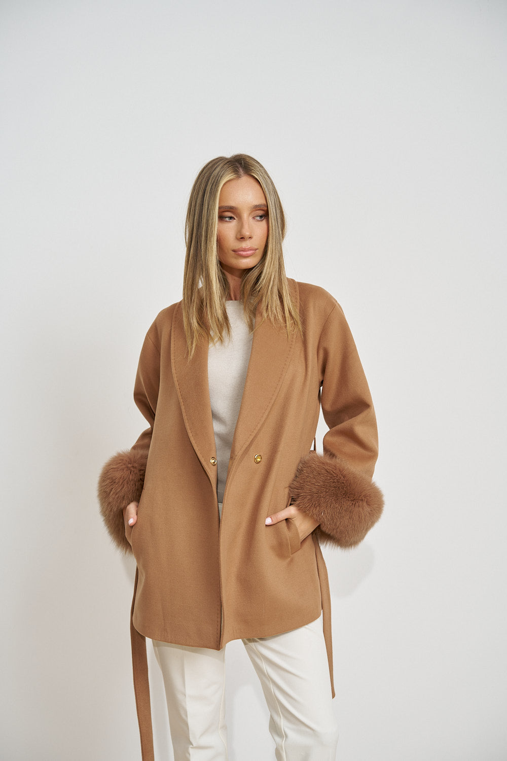 Wool Coat with Natural Fox Fur Cuffs, Camel 671