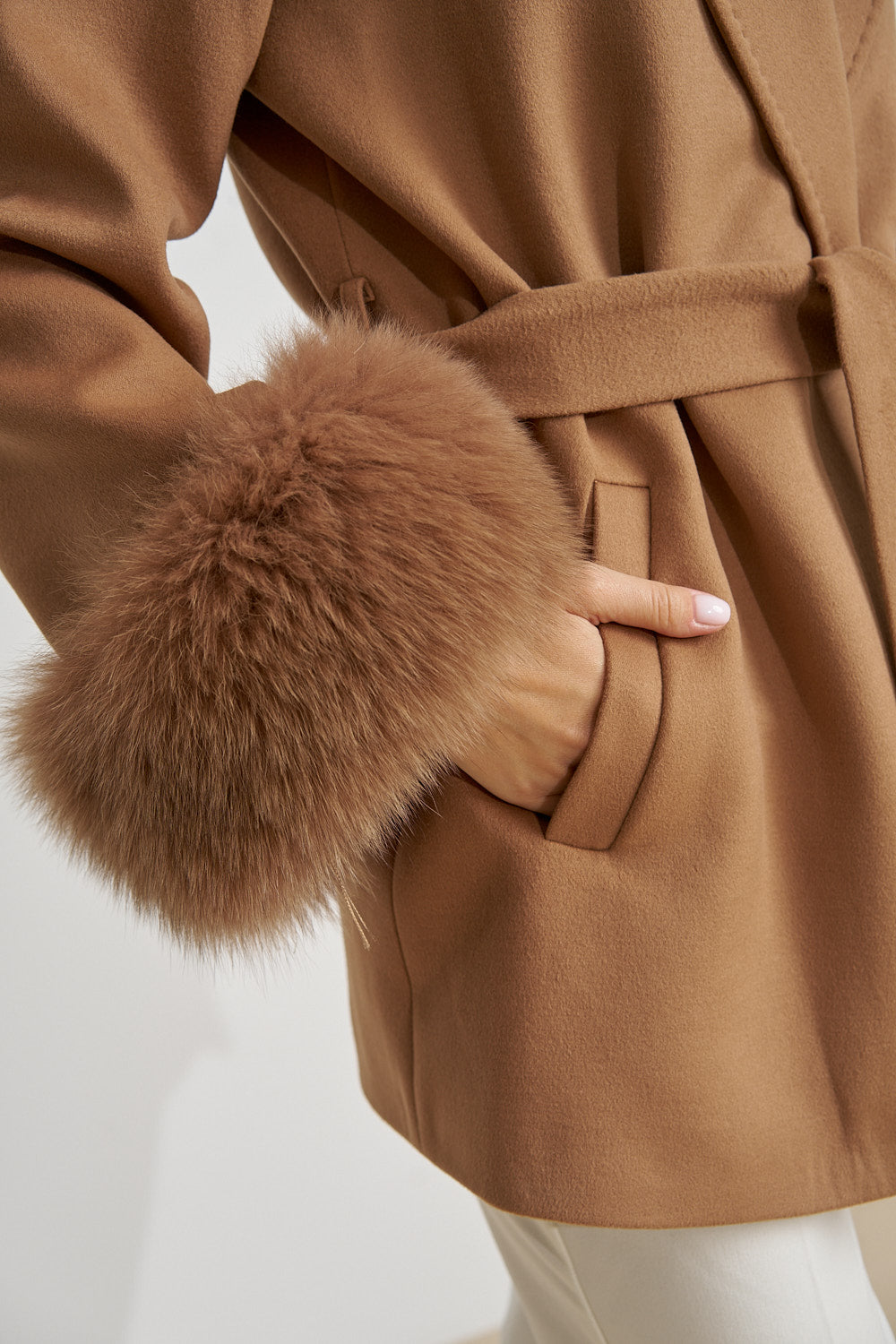 Wool Coat with Natural Fox Fur Cuffs, Camel 671