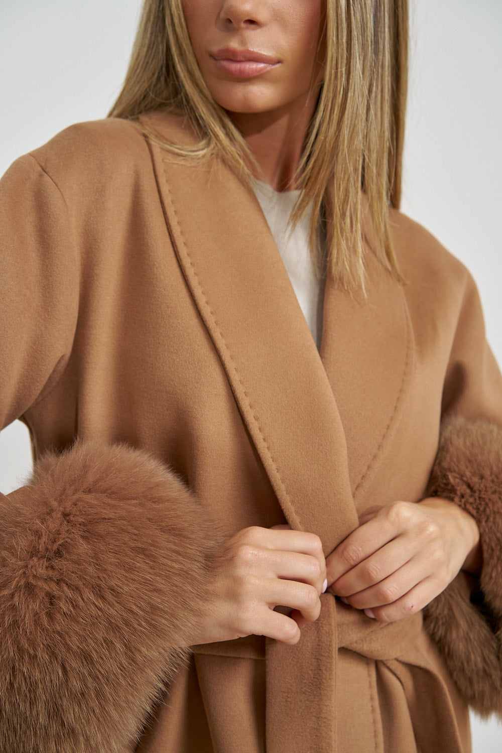 Wool Coat with Natural Fox Fur Cuffs, Camel 671