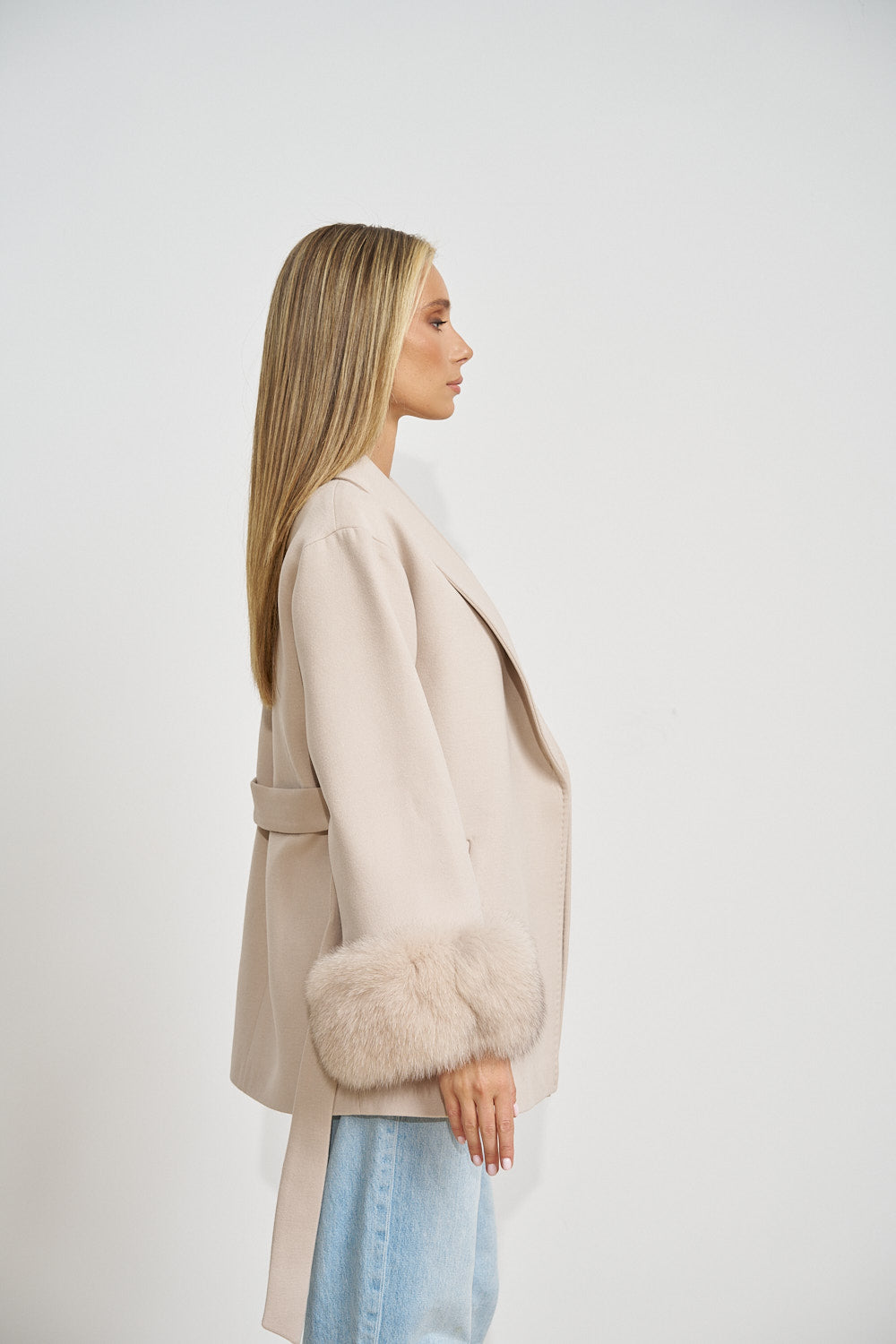 Wool Coat with Genuine Fox Fur Cuffs, Pearl 669
