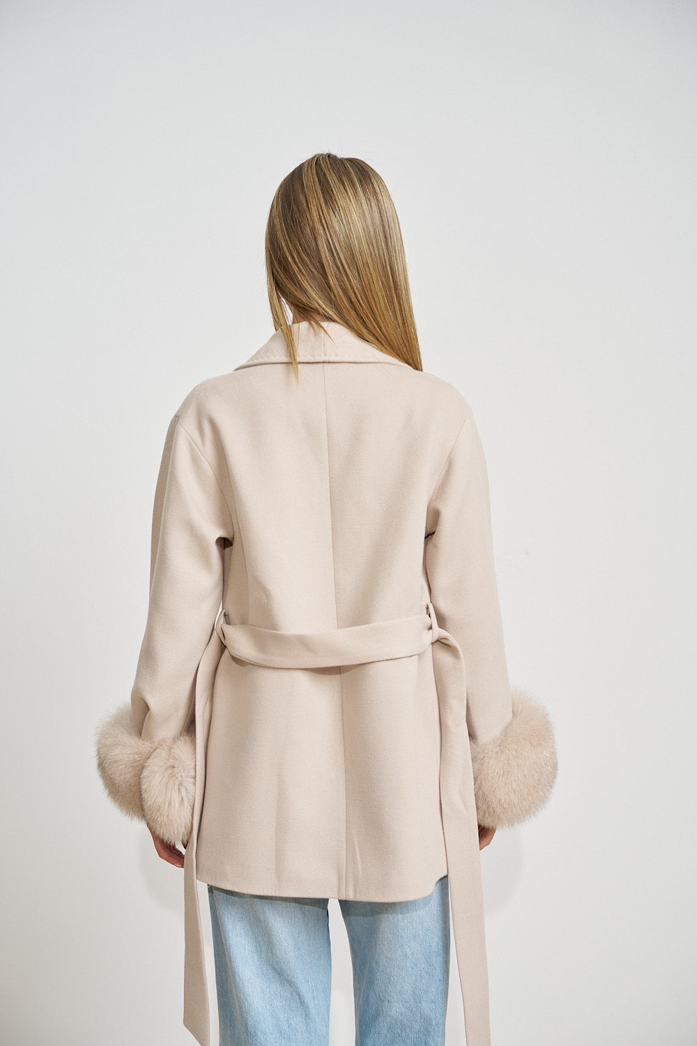 Wool Coat with Genuine Fox Fur Cuffs, Pearl 669