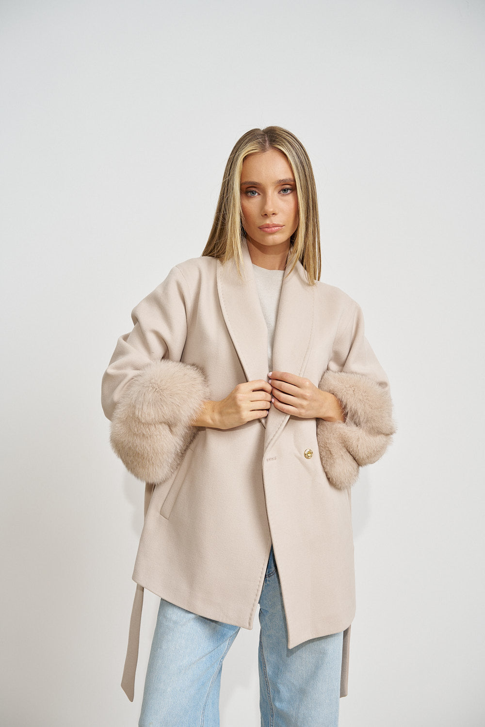 Wool Coat with Genuine Fox Fur Cuffs, Pearl 669