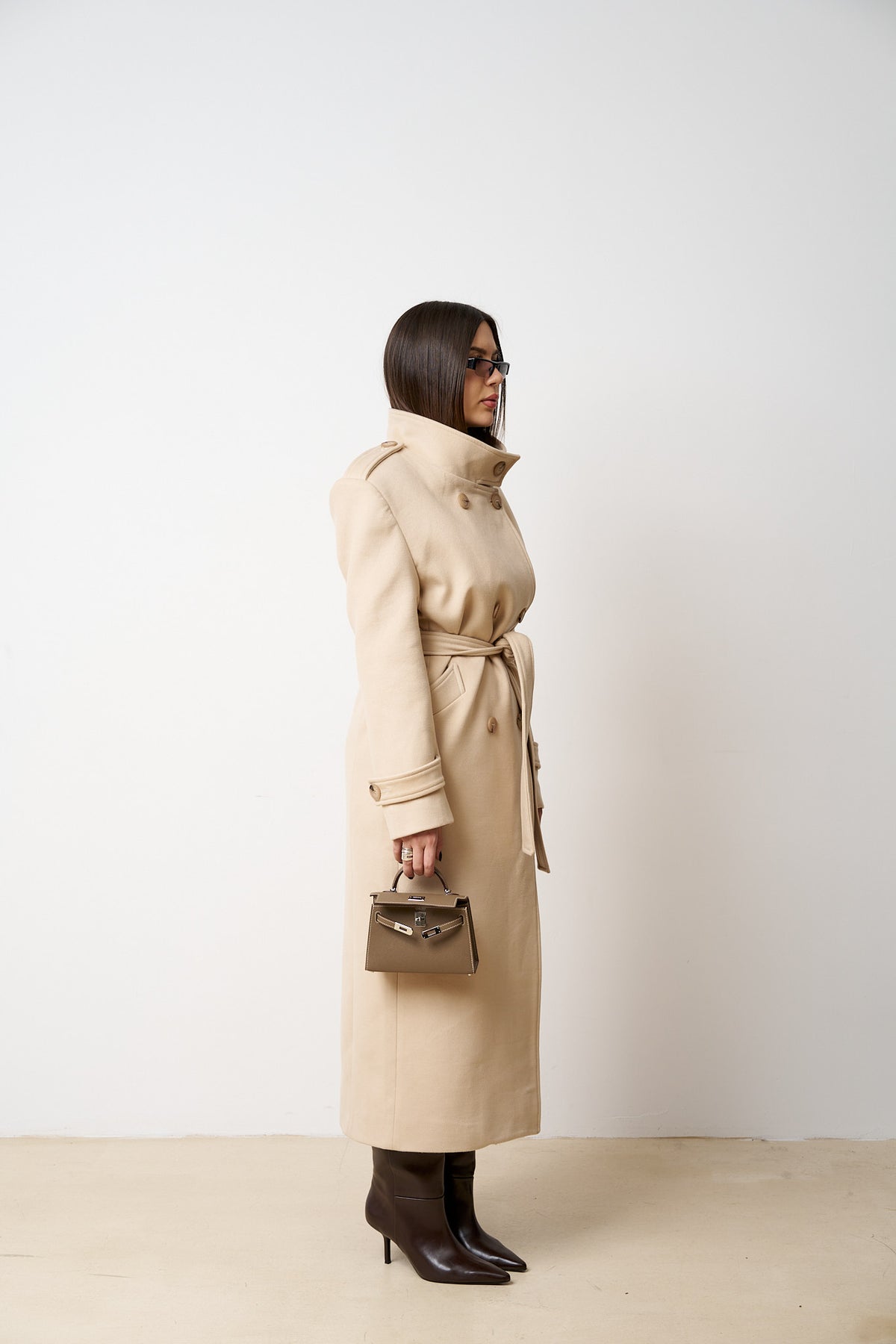 Palton Lung din Lână, cu Cordon, Femei, Sand Beige 523