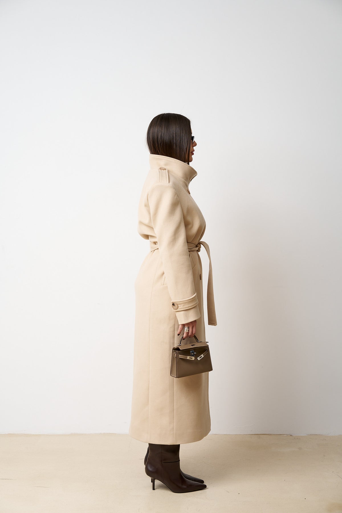Palton Lung din Lână, cu Cordon, Femei, Sand Beige 523