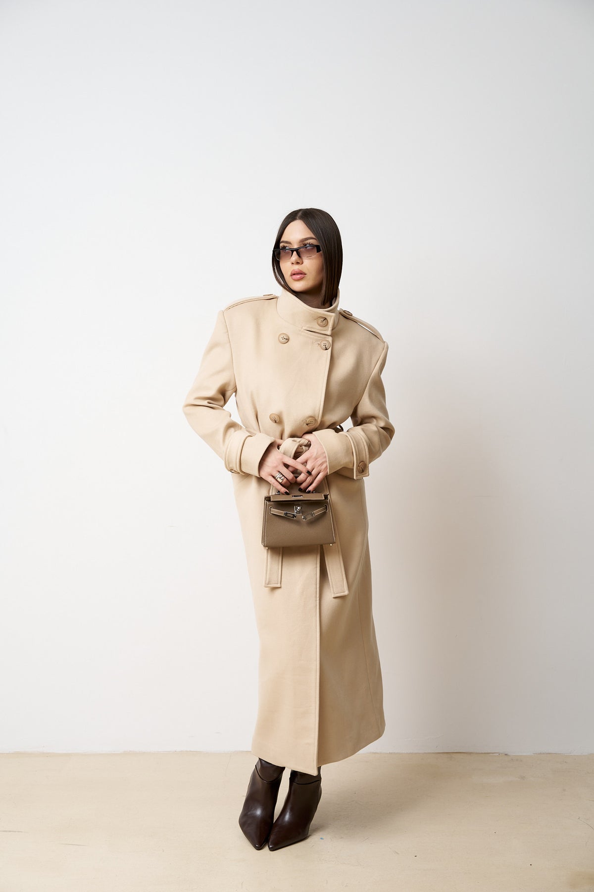 Palton Lung din Lână, cu Cordon, Femei, Sand Beige 523