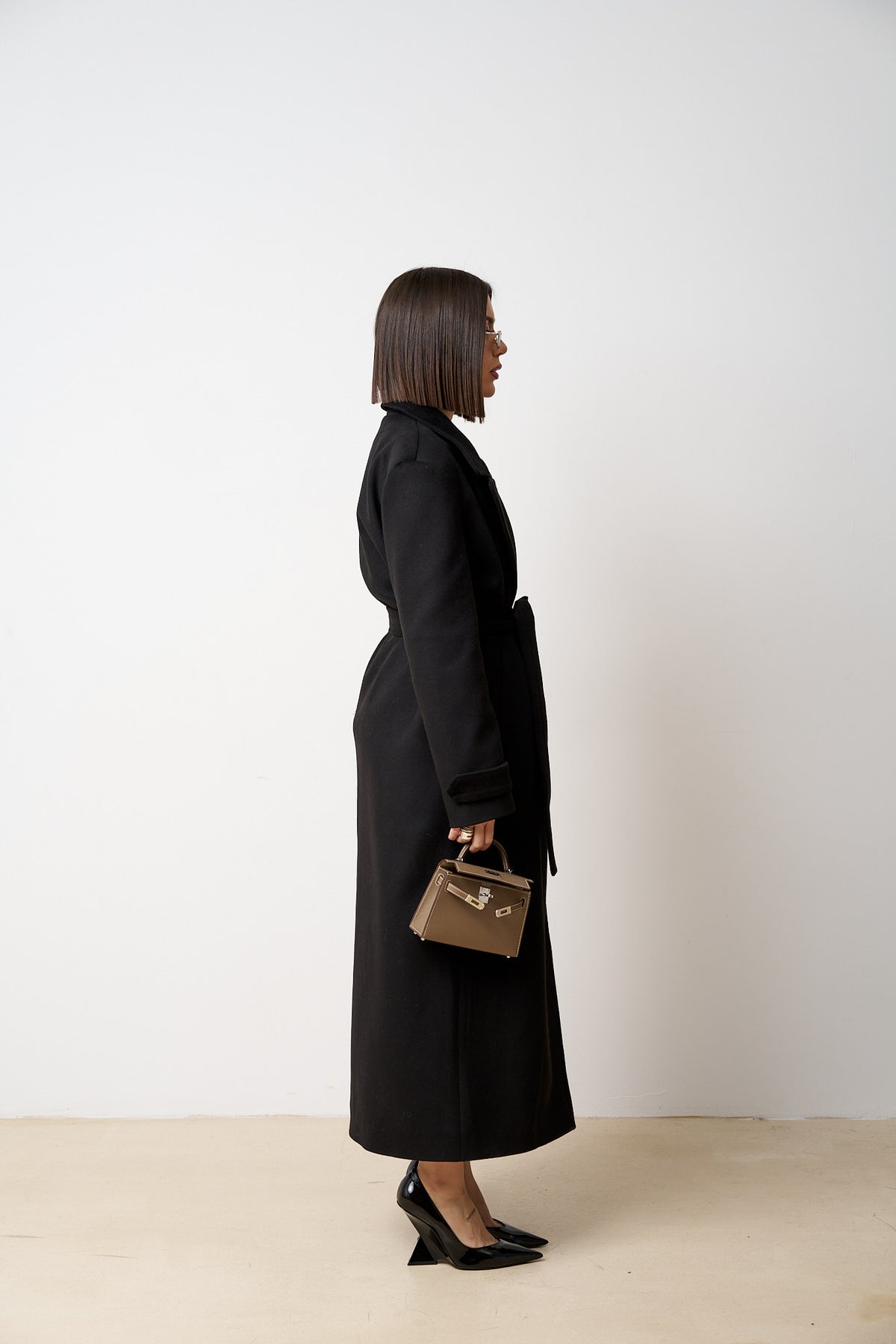 Manteau Long En Laine Avec Cordon De Serrage, Femme, Noir Mat 522