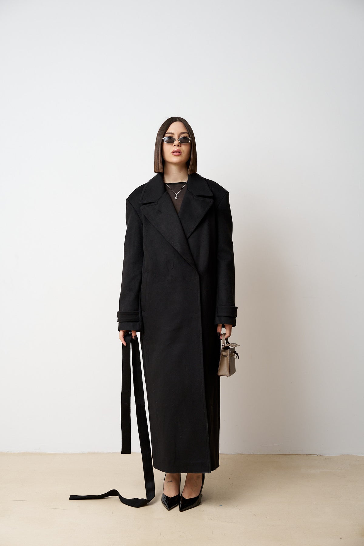 Manteau Long En Laine Avec Cordon De Serrage, Femme, Noir Mat 522