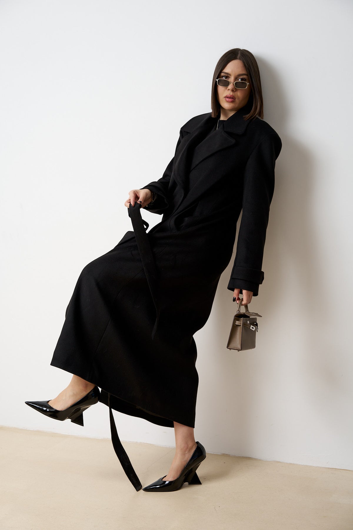 Manteau Long En Laine Avec Cordon De Serrage, Femme, Noir Mat 522