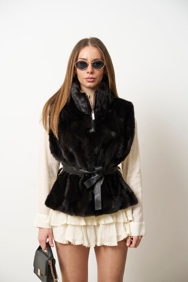 Gilet in pelliccia di visone naturale da donna, corto, nero, Mareus